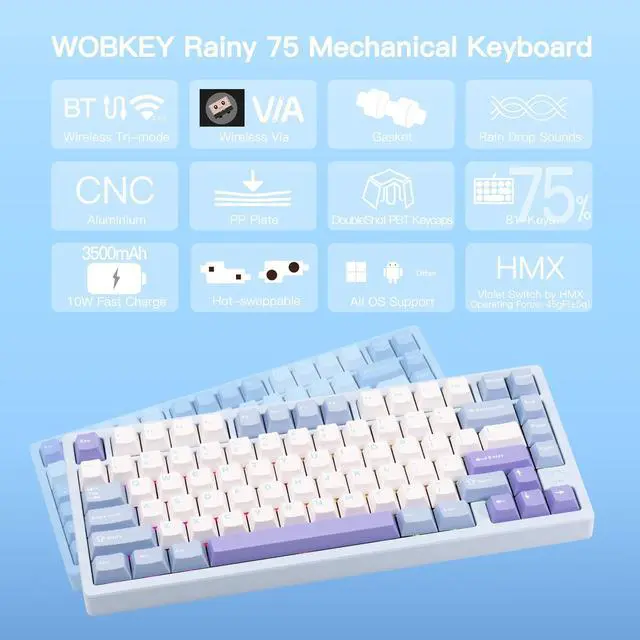 Alt view image 2 of 6 - WOBKEY Rainy 75 CNC Aluminum HMX/JWK/Cocoa Switches Triple-Mode Connectivity Mechanical Keyboard with Superior Acoustics, RGB/PP/Gradient Glass/3500mAh/Violet Switch (Standard - Blue)