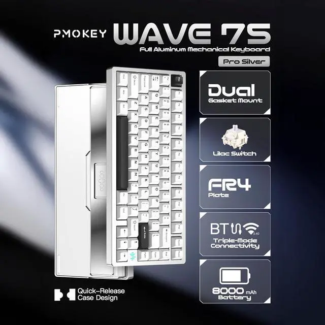Alt view image 3 of 7 - PMOKEY Wave 75 CNC Aluminum Quick Release Tri-Mode Wireless Gaming Keyboard,QMK/VIA Tri-Mode Mechanical Keyboard with 8000mAh Battery,Hot-Swappable with RGB for Windows/Mac/PC (Pro Silver)