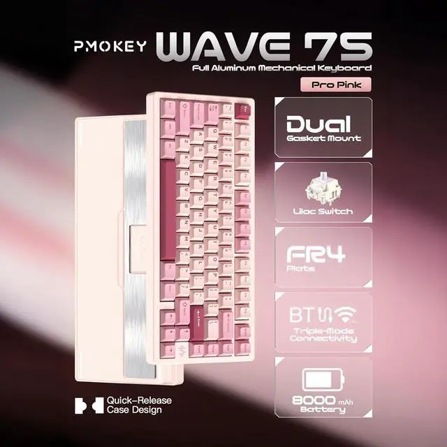 Alt view image 3 of 7 - PMOKEY Wave 75 CNC Aluminum Quick Release Tri-Mode Wireless Gaming Keyboard,QMK/VIA Tri-Mode Mechanical Keyboard with 8000mAh Battery,Hot-Swappable with RGB for Windows/Mac/PC (Pro Pink)