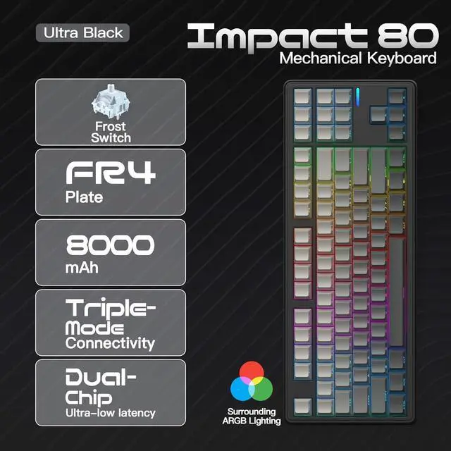 Alt view image 2 of 7 - Impact80 Tri-Mode Wireless Mechanical Keyboard,USB-C Wired, Hot-Swappable 87 Keys Gasket Mount, RGB Light Bar, 8000mAh Battery, QMK/VIA Compatible RS8 Keyboard for Windows/Mac (Ultra Black)