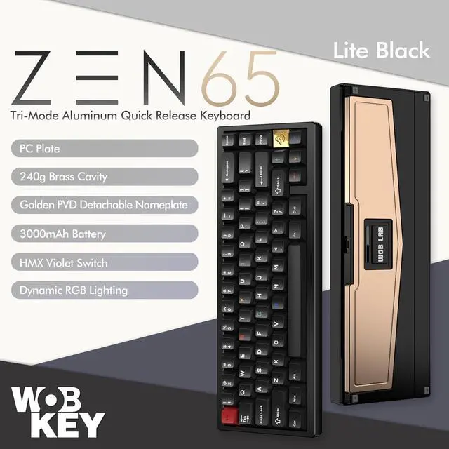Alt view image 2 of 7 - WOBKEY Zen 65 65% Quick Release Wireless Mechanical Keyboard with RGB, CNC Aluminum Case, Hot-Swappable, VIA Support, BT/2.4G/USB-C Gaming Keyboard for Mac/Windows (Lite Black)