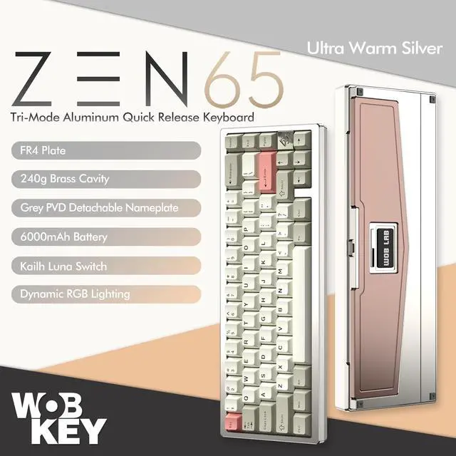 Alt view image 2 of 7 - WOBKEY Zen 65 65% Quick Release Wireless Mechanical Keyboard with RGB, CNC Aluminum Case, Hot-Swappable, VIA Support, BT/2.4G/USB-C Gaming Keyboard for Mac/Windows (Ultra Warm Silver)
