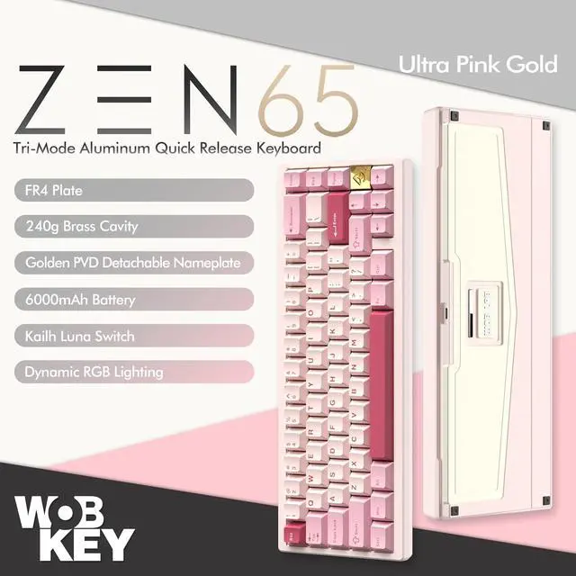 Alt view image 2 of 7 - WOBKEY Zen 65 65% Quick Release Wireless Mechanical Keyboard with RGB, CNC Aluminum Case, Hot-Swappable, VIA Support, BT/2.4G/USB-C Gaming Keyboard for Mac/Windows (Ultra Pink Gold)