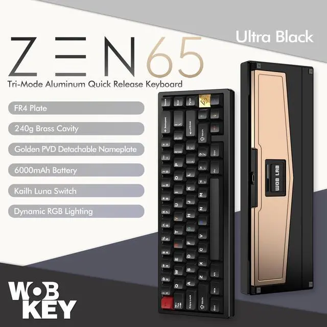 Alt view image 2 of 7 - WOBKEY Zen 65 65% Quick Release Wireless Mechanical Keyboard with RGB, CNC Aluminum Case, Hot-Swappable, VIA Support, BT/2.4G/USB-C Gaming Keyboard for Mac/Windows (Ultra Black)