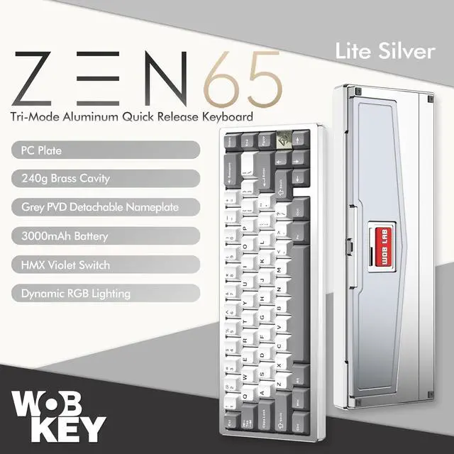 Alt view image 2 of 7 - WOBKEY Zen 65 65% Quick Release Wireless Mechanical Keyboard with RGB, CNC Aluminum Case, Hot-Swappable, VIA Support, BT/2.4G/USB-C Gaming Keyboard for Mac/Windows (Lite Silver)