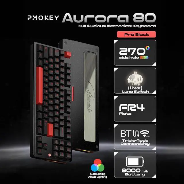 Alt view image 3 of 4 - PMOKEY Aurora 80 CNC Full Aluminum Wireless Mechanical Keyboard with VIA/QMK, 8000mah Battery, Tri-Mode Wireless Gaming Keyboard Custom Hot Swappable RGB Backlit for Windows/Mac/PC (Pro Black)