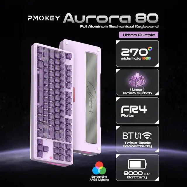 Alt view image 3 of 7 - PMOKEY Aurora 80 CNC Full Aluminum Wireless Mechanical Keyboard with VIA/QMK, 8000mah Battery, Tri-Mode Wireless Gaming Keyboard Custom Hot Swappable RGB Backlit for Windows/Mac/PC (Ultra Purple)