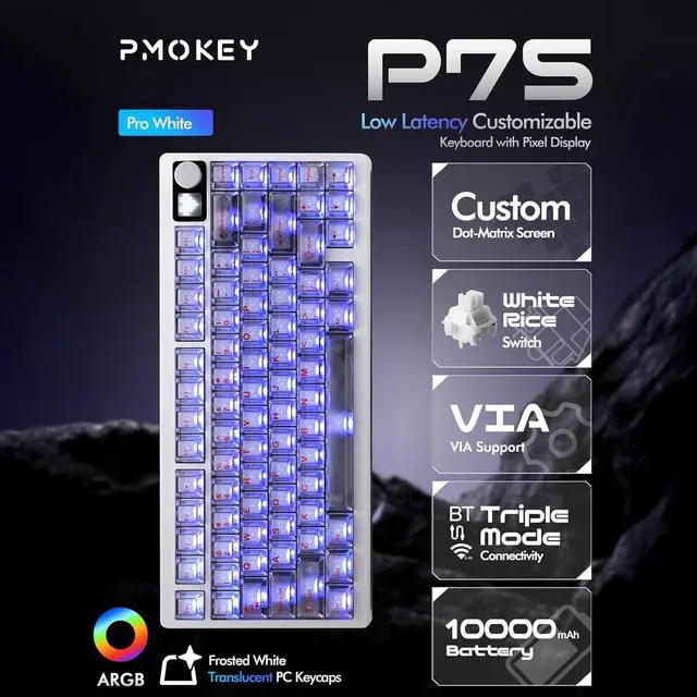 Alt view image 2 of 7 - PMOKEY P75 75% Wireless Mechanical Keyboard, Tri-Mode RGB Gaming Keyboard with Dot-Matrix Display, Aluminum Alloy Body, Volume Knob, Up to 10000mAh Battery (Pro White)