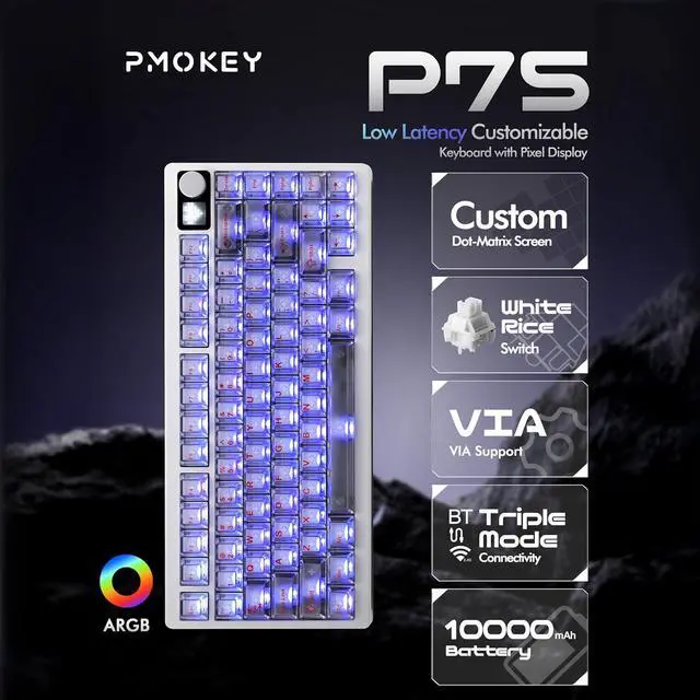 Alt view image 2 of 7 - PMOKEY P75 75% Wireless Tri-Mode Mechanical Keyboard, CNC Aluminum Volume Knob, Custom Dot-Matrix Screen, 2.4G/BT/USB-C,PC Keycaps, Surround RGB Lighting, 10,000mAh Rechargeable Battery