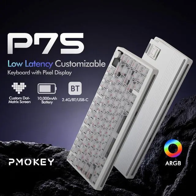 Alt view image 3 of 7 - PMOKEY P75 75% Wireless Tri-Mode Mechanical Keyboard, CNC Aluminum Volume Knob, Custom Dot-Matrix Screen, 2.4G/BT/USB-C,PC Keycaps, Surround RGB Lighting, 10,000mAh Rechargeable Battery