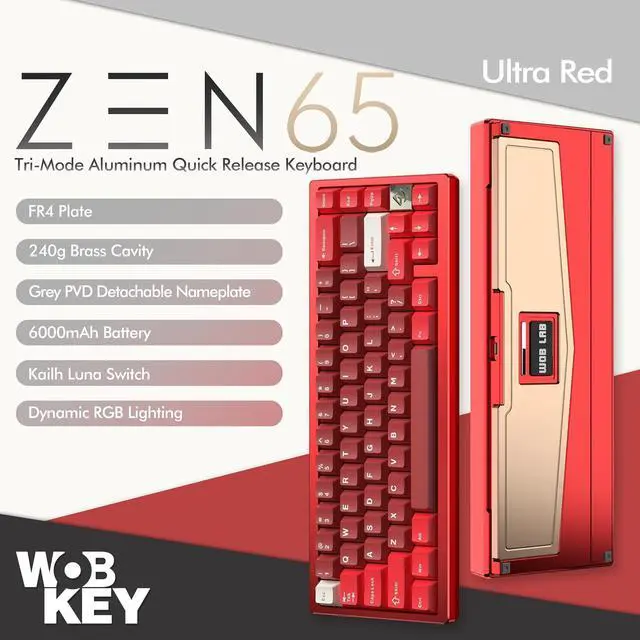 Alt view image 2 of 7 - WOBKEY Zen 65 65% Quick Release Wireless Mechanical Keyboard with RGB, CNC Aluminum Case, Hot-Swappable, VIA Support, BT/2.4G/USB-C Gaming Keyboard for Mac/Windows (Ultra Red)