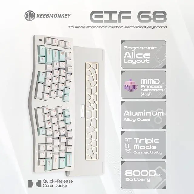 Alt view image 2 of 6 - MMD Alice EIF68 Wireless Ergonomic Mechanical Keyboard, Tri-Mode Split Layout Aluminum Quick Release Keyboard with QMK/VIA, RGB Light Bars, Wrist Rest Included (White(Princess 45gf Linear Switch))