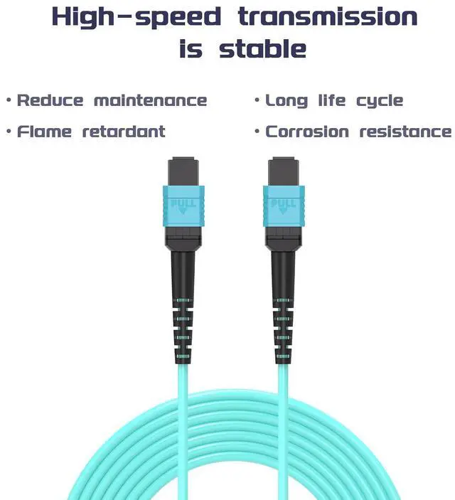 Alt view image 2 of 7 - 10 Meters OM4 12 Cores MPO-MPO Connector Optical Fiber Patch Cord 50/125 Multimode Fan-Out Jumper Female to Female Type B 40G/100G 32ft Aqua