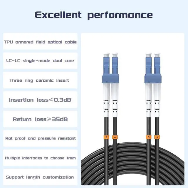 Alt view image 3 of 6 - 26 Meters LC to LC UPC Outdoor Armored Fiber Patch Cable, 9/125um Single Mode Duplex Fiber Optic Internet Cables, Jumper Optical Patch Cord, (26M/85.3ft), TPU Black