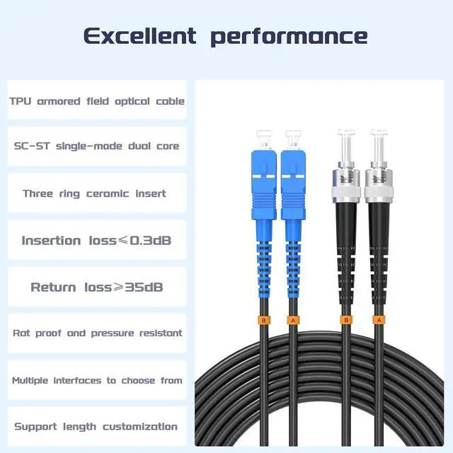 Alt view image 3 of 6 - SC to ST UPC Outdoor Armored Fiber Patch Cable, Single Mode Duplex Fiber Optic Internet Cable, Fiber Optic Jumper Optical Patch Cord - 9/125um - 10Meter/32.8ft, TPU Black