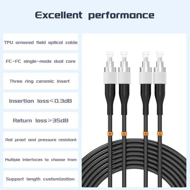 Alt view image 3 of 7 - FC to FC UPC Outdoor Armored Fiber Patch Cable 100Meter/328ft Single Mode Duplex Fiber Optical Cable Patch Cord Jumper,9/125um Fiber Optic Internet Cable TPU Black