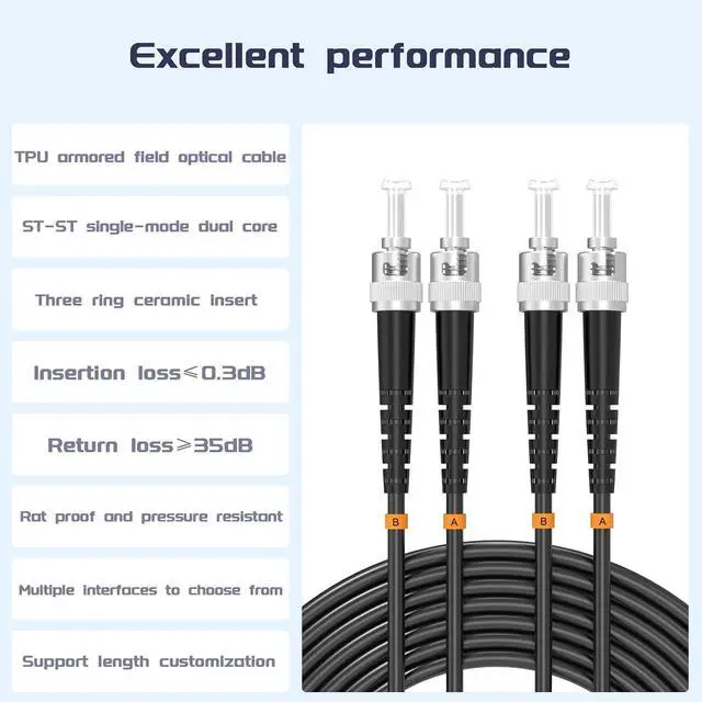 Alt view image 3 of 7 - ST UPC to ST Armored Outdoor Fiber Optic Cable, 100Meter/328ft Single Mode Duplex Fiber Jumper Optical Patch Cord, Duplex - 9/125um Industrial Fiber Optic Internet Cables, TPU Black