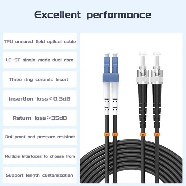 Alt view image 3 of 7 - LC to ST UPC Fiber Optic Internet Cables, Duplex - 9/125m Fiber Optic Jumper Optical Patch Cord,TPU Black Industrial Outdoor Armored Single Mode Cord Patch Cable (200Meter/656ft)