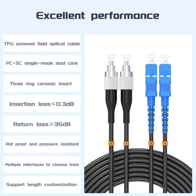 Alt view image 3 of 6 - 60Meter/196.85ft Outdoor Armored Fiber Patch Cable FC/UPC to SC/UPC Single Mode Duplex Fiber Optic Internet Cables - Simplex - 9/125um Fiber Optic Jumper Optical Patch Cord
