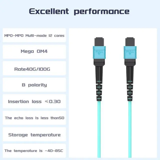Alt view image 7 of 7 - 10 Meters OM4 12 Cores MPO-MPO Connector Optical Fiber Patch Cord 50/125 Multimode Fan-Out Jumper Female to Female Type B 40G/100G 32ft Aqua