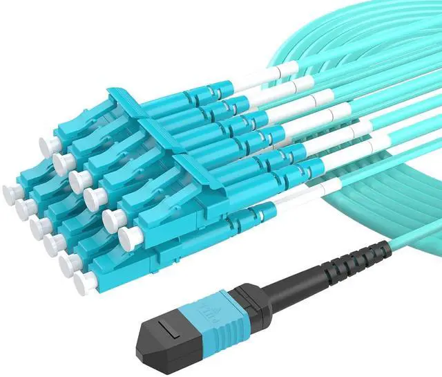 Main image of 10 Meters OM4 12 Cores MPO-LC Connector Optical Fiber Patch Cord 50/125 Multimode Fan-Out Jumper Female to Female Type B 40G/100G 32ft Aqua