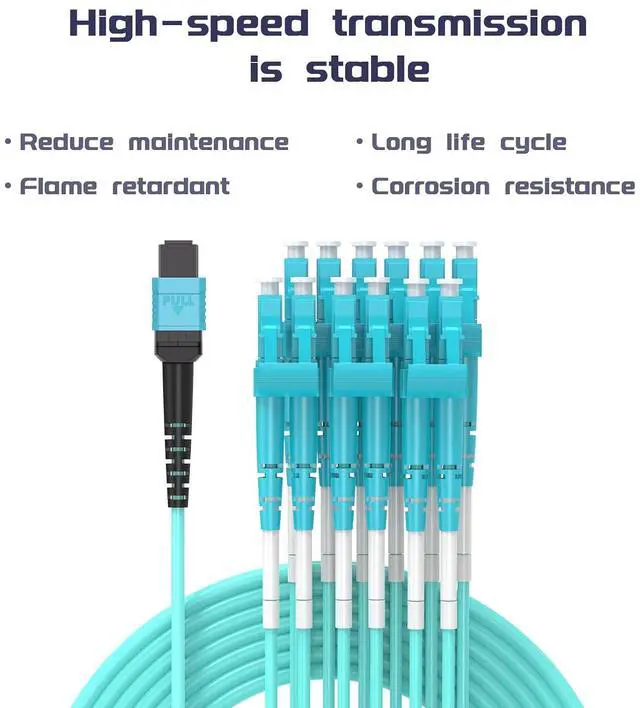 Alt view image 2 of 7 - 10 Meters OM4 12 Cores MPO-LC Connector Optical Fiber Patch Cord 50/125 Multimode Fan-Out Jumper Female to Female Type B 40G/100G 32ft Aqua