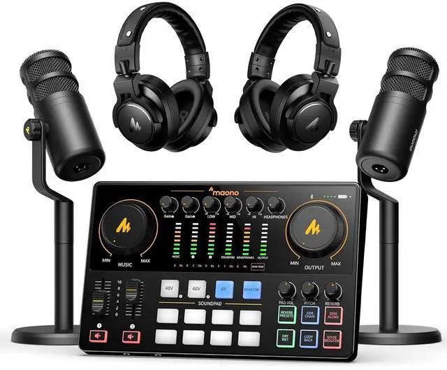 Main image of Podcast Equipment Bundle for 2: Audio Interface Mixer with 2 XLR Dynamic Mic and 2 Headphone Podcast