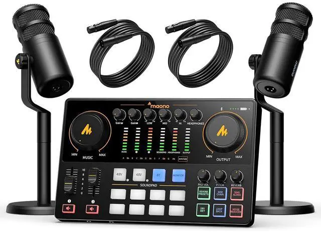 Main image of Podcast Equipment Bundle for 2: Audio Interface Mixer with 2 XLR Dynamic Mic Noise Reduction Podcast