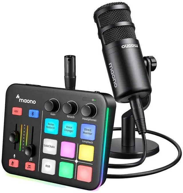 Main image of Gaming Audio Mixer & XLR Dynamic Microphone, Audio Interface with Pro-preamp, RGB, Bluetooth, 48V Ph