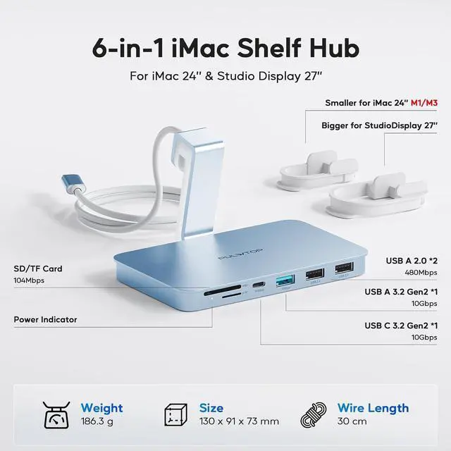 Alt view image 2 of 7 - iMac Accessories for i-Mac 2021/2023/2024, USB C Hub for iMac with USB A/C 10Gbps, Hub for M1/M3/M4, 2USB A 2.0, SD/TF Card Reader for iMac24 inch & Studio Display 2 Blue