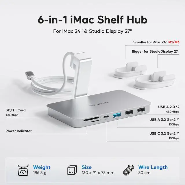Alt view image 2 of 7 - iMac Accessories for i-Mac 2021/2023/2024, USB C Hub for iMac with USB A/C 10Gbps, Hub for M1/M3/M4, 2 USBA 2.0, SD/TF Card Reader for iMac24 inch & Studio Display 2 Sliver