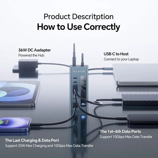 Alt view image 6 of 7 - USB C Hub for Laptop, 7 in 1 10Gbps USB Adapter Support Data & Charging(Not Support Video), USB Hub 10Gbps Ports for iMac, MacBook Pro/Air, iPad, XPS, USB Hub Multiport Adapter