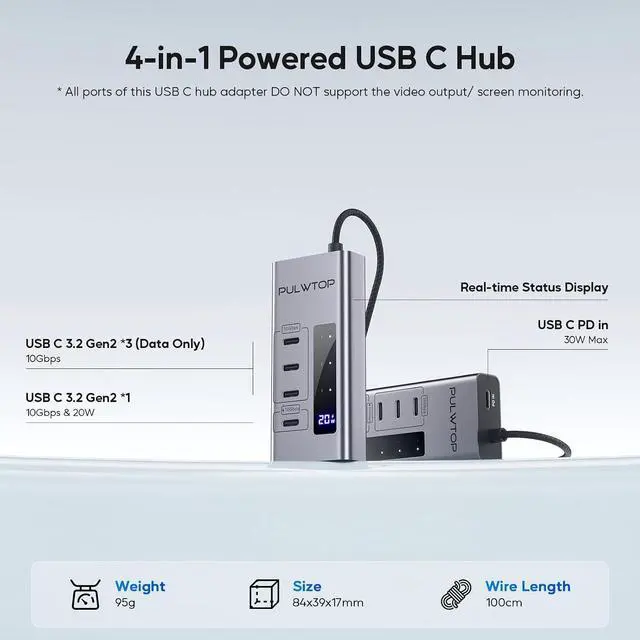 Alt view image 2 of 7 - Powered USB C Hub, 4 in 1 USB C Hub Support Data 10Gbps & Charging(Not Support Video), USB C Powered Hub 10Gbps Ports for iMac, MacBook Pro/Air, iPad, XPS, USB Hub with 30W PD Power Adapter