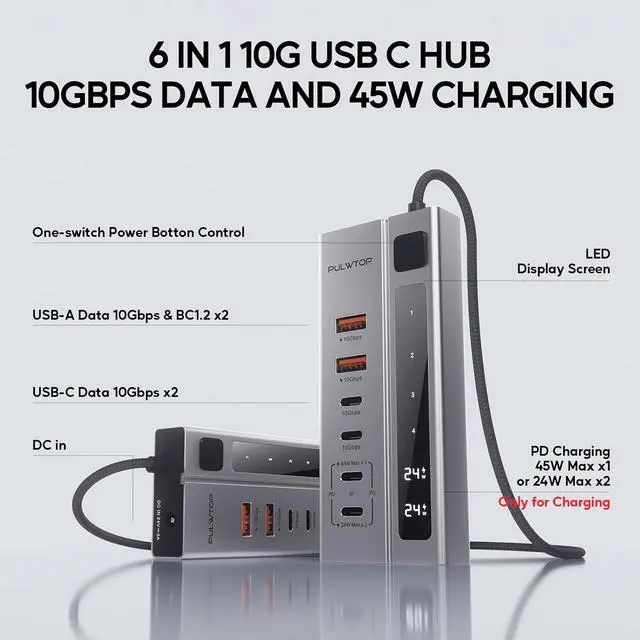 Alt view image 2 of 7 - Powered USB C Hub, USB Hub Powered Support 10Gbps Data & PD 45W Charging Not Support Video, 2USB-C 10Gbps Ports, 2USB 3.1 10Gbps Ports power adapter for iMac, MacBook Pro/Air,iPad, XPS Adapter