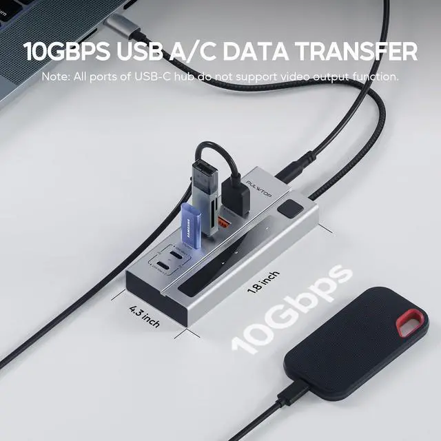 Alt view image 3 of 7 - Powered USB C Hub, USB Hub Powered Support 10Gbps Data & PD 45W Charging Not Support Video, 2USB-C 10Gbps Ports, 2USB 3.1 10Gbps Ports power adapter for iMac, MacBook Pro/Air,iPad, XPS Adapter