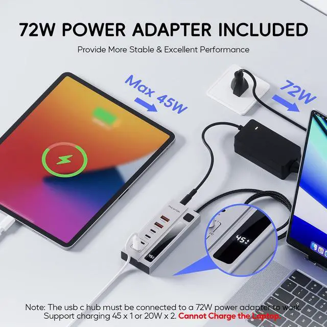Alt view image 4 of 7 - Powered USB C Hub, USB Hub Powered Support 10Gbps Data & PD 45W Charging Not Support Video, 2USB-C 10Gbps Ports, 2USB 3.1 10Gbps Ports power adapter for iMac, MacBook Pro/Air,iPad, XPS Adapter
