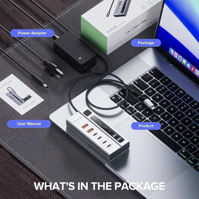 Alt view image 7 of 7 - Powered USB C Hub, USB Hub Powered Support 10Gbps Data & PD 45W Charging Not Support Video, 2USB-C 10Gbps Ports, 2USB 3.1 10Gbps Ports power adapter for iMac, MacBook Pro/Air,iPad, XPS Adapter