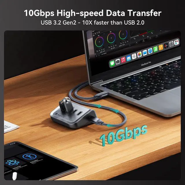Alt view image 2 of 7 - 4-in-1 USB C Hub, 10Gbps USB 3.2 Gen 2 Desktop Hub with 2 USB-A& 2 USB-C Data Ports, 2-in-1 USB-C/A Cable, Angled USB Splitter for PC, Laptop, Mac mini, MacBook, iMac(Not Support Charging)