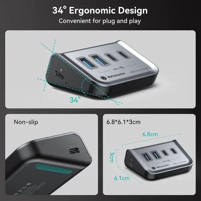 Alt view image 4 of 7 - 4-in-1 USB C Hub, 10Gbps USB 3.2 Gen 2 Desktop Hub with 2 USB-A& 2 USB-C Data Ports, 2-in-1 USB-C/A Cable, Angled USB Splitter for PC, Laptop, Mac mini, MacBook, iMac(Not Support Charging)