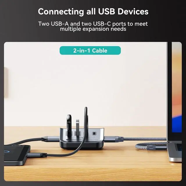 Alt view image 5 of 7 - 4-in-1 USB C Hub, 10Gbps USB 3.2 Gen 2 Desktop Hub with 2 USB-A& 2 USB-C Data Ports, 2-in-1 USB-C/A Cable, Angled USB Splitter for PC, Laptop, Mac mini, MacBook, iMac(Not Support Charging)
