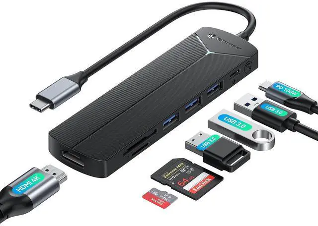 Main image of USB-C Hub 7 Ports with SD&TF Card Reader, 4K HDMI Display, Three 5Gbps USB-A Data Ports, 100W PD Input, Powered USB3.0 Hub, USB to HDMI Adapter for PC/Laptop