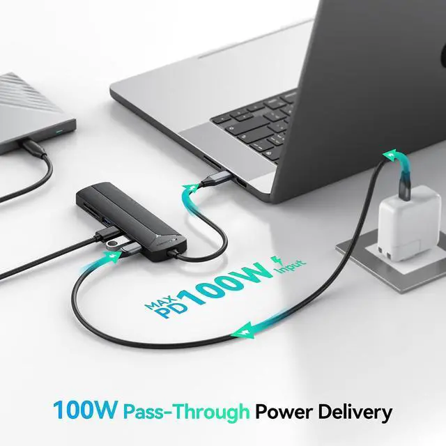 Alt view image 3 of 7 - USB-C Hub 7 Ports with SD&TF Card Reader, 4K HDMI Display, Three 5Gbps USB-A Data Ports, 100W PD Input, Powered USB3.0 Hub, USB to HDMI Adapter for PC/Laptop