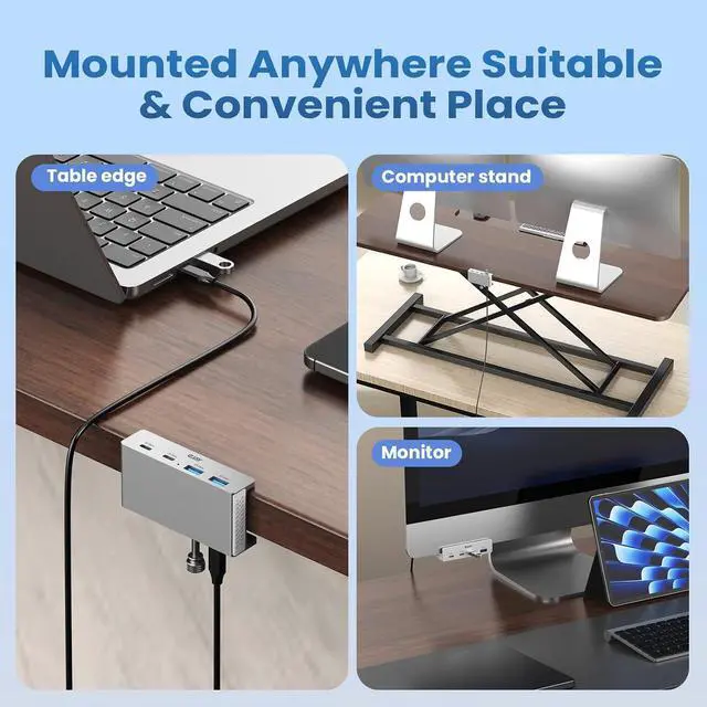 Alt view image 3 of 7 - Desk Clamp USB Hub, 10Gbps Mountable USB C Hub Multiport Adapter, Aluminum Desktop Hub Desk Mount for iMac, Mac, PC, Under Desk USB Port Expander Splitter for Workstation, Silver