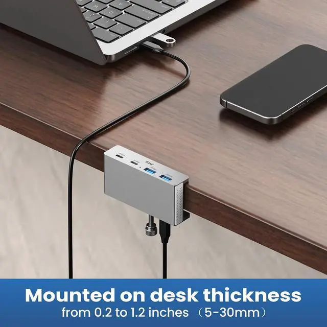 Alt view image 4 of 7 - Desk Clamp USB Hub, 10Gbps Mountable USB C Hub Multiport Adapter, Aluminum Desktop Hub Desk Mount for iMac, Mac, PC, Under Desk USB Port Expander Splitter for Workstation, Silver