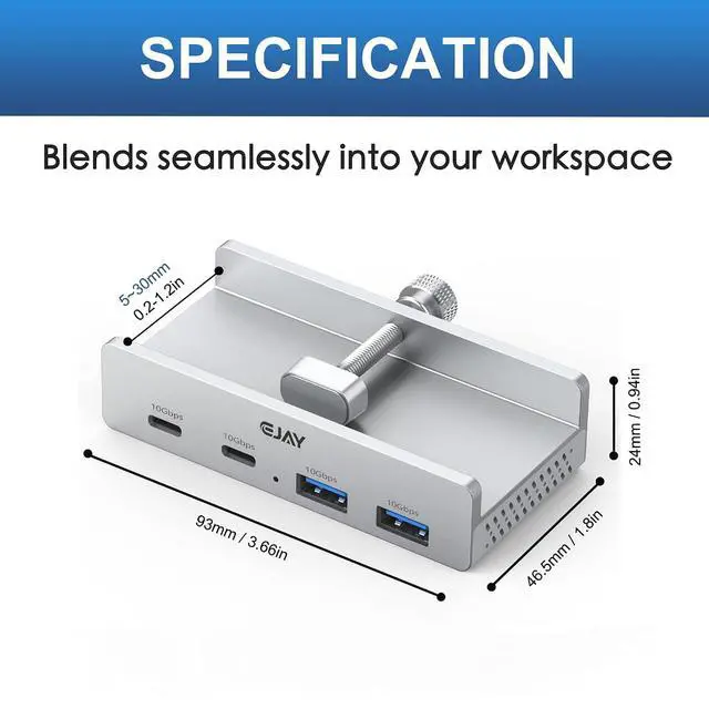 Alt view image 5 of 7 - Desk Clamp USB Hub, 10Gbps Mountable USB C Hub Multiport Adapter, Aluminum Desktop Hub Desk Mount for iMac, Mac, PC, Under Desk USB Port Expander Splitter for Workstation, Silver