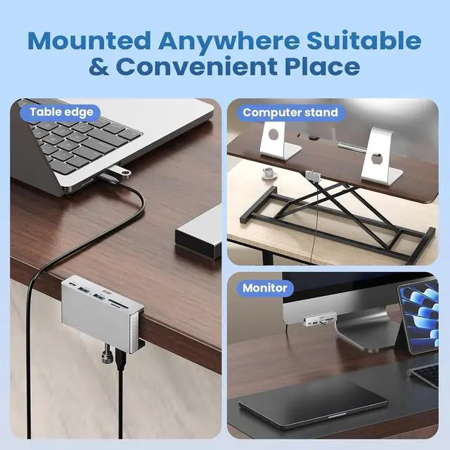 Alt view image 4 of 7 - Clamp USB Hub Desk Mount, 5-in-1 Aluminum Mountable USB C Hub with SD/TF Card Reader, 59" Long Cable Under Desk USB Hub for iMac, MacBook, Floor PC, 5Gbps Desktop Hub, Silver