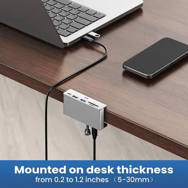 Alt view image 7 of 7 - Clamp USB Hub Desk Mount, 5-in-1 Aluminum Mountable USB C Hub with SD/TF Card Reader, 59" Long Cable Under Desk USB Hub for iMac, MacBook, Floor PC, 5Gbps Desktop Hub, Silver
