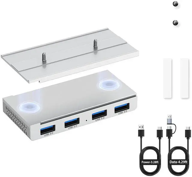 Main image of Magnetic USB 3.0 Hub, 4-Port Desk Mount USB Hub with 59in Data Cable, Industrial-Strength Magnetic Hub to Attach to a Desk/PC Case, Powered USB 3.0 Hub for PC, Mac, Desktop, Silver