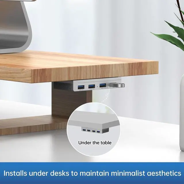 Alt view image 5 of 7 - Magnetic USB 3.0 Hub, 4-Port Desk Mount USB Hub with 59in Data Cable, Industrial-Strength Magnetic Hub to Attach to a Desk/PC Case, Powered USB 3.0 Hub for PC, Mac, Desktop, Silver