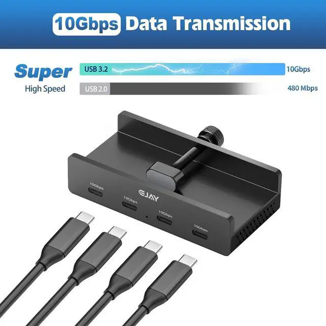 Alt view image 6 of 7 - USB C Hub Clamp Mount, 4-Port 10Gbps USB 3.2 Hub Gen 2, Aluminum Clamp On USB Hub for Monitor & Desk, Dual Cable USB C Splitter Data Hub for Mac, PC, Desktop, Black